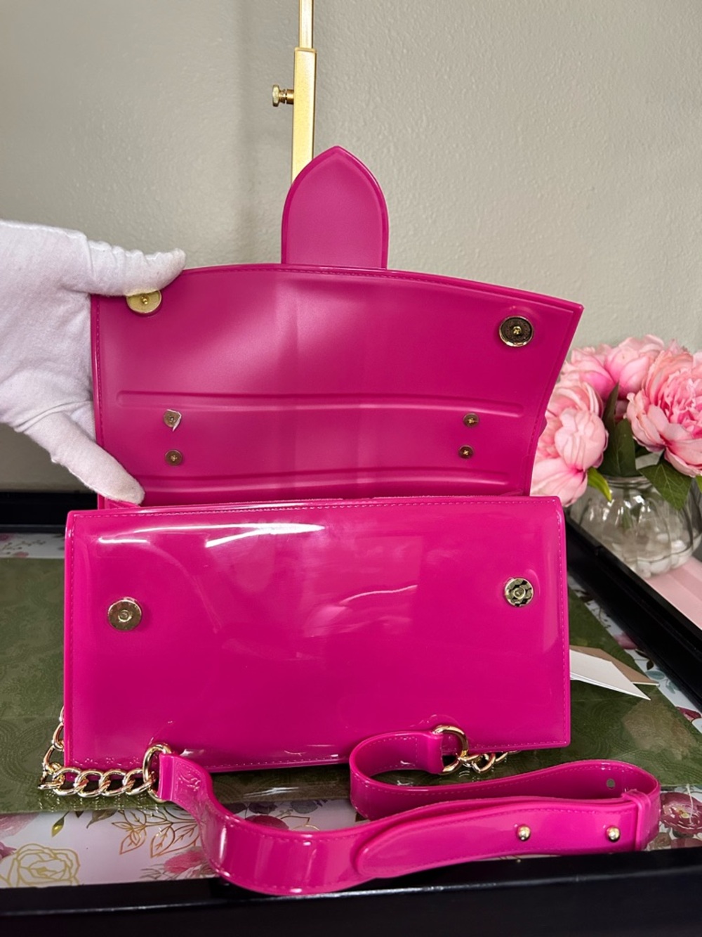 Hot Pink Women’s Jelly Bag- Top Handle and Adjustable Crossbody Shoulder Strap - Picture 5 of 11